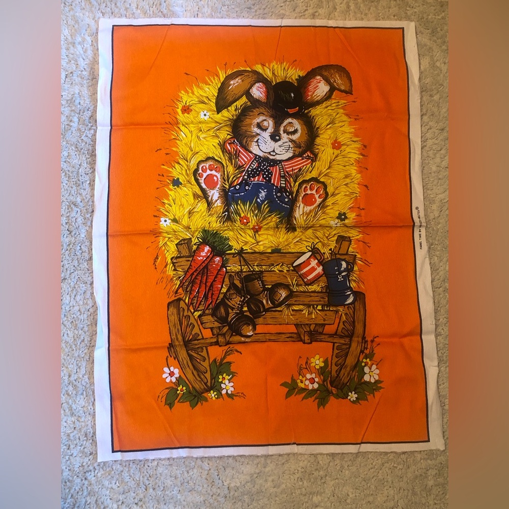 9694 VTG MID CENTURY Fabric Panel Bunny Rabbit on Hay wagon Wesco-Reltex